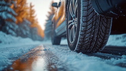 Summer tires on a road move from summer to snowy winter road Change a car seasonal tyre summer forest road with trees background Banner Selling off Or Background automechanic