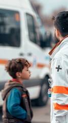 A man in a white coat stands next to a child