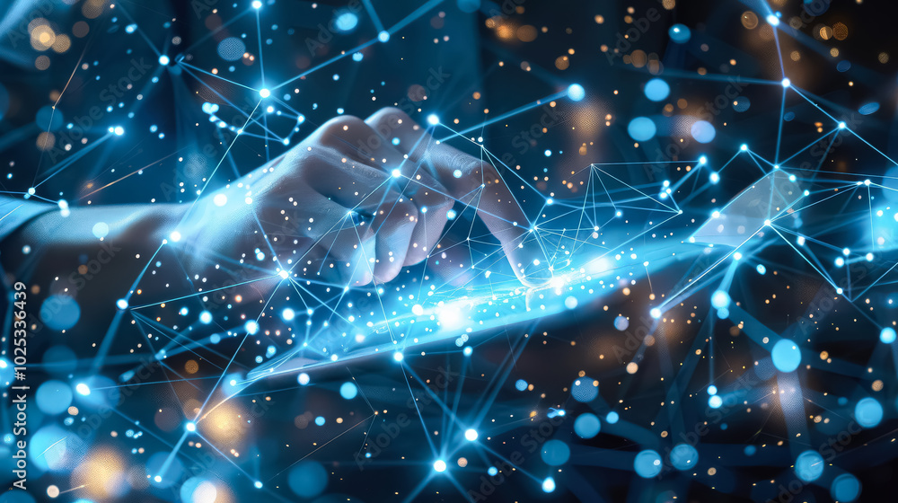 Poster hand is touching a tablet with a blue background. concept of connection and interaction with technol