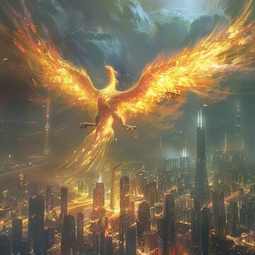 A mythical phoenix with feathers made of light, soaring over a futuristic cityscape