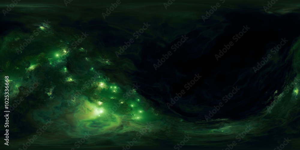 Wall mural 12k hdri space environment map with green nebula and stars in seamless 360 degree skybox for vr and 