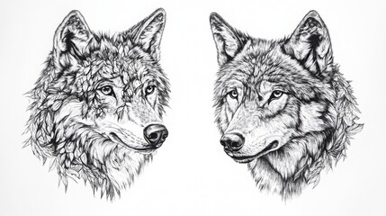 Fototapeta premium Two detailed pen and ink drawings of wolf heads, one with foliage around its neck, the other with its fur drawn in detail.