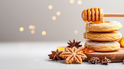 Honey dipper drizzling honey on stacked cookies
