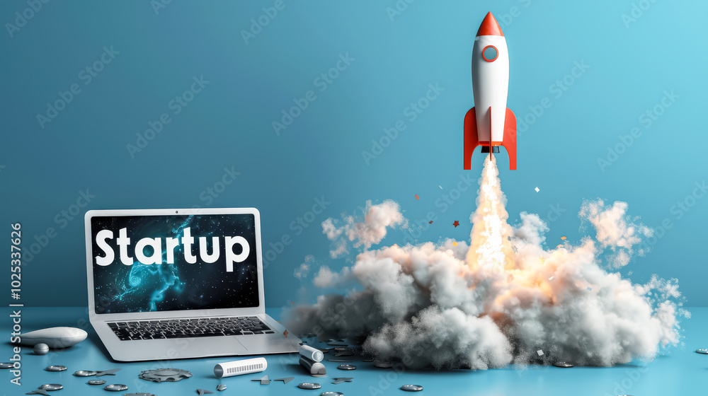 Poster laptop is on a table with a rocket on the screen. the rocket is flying through a cloud of smoke and 