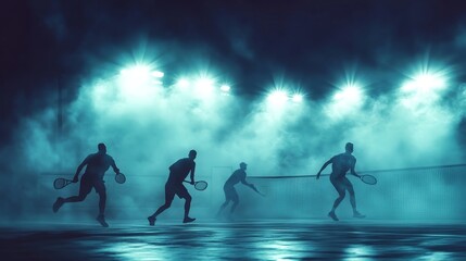 A group of tennis players are playing in the rain