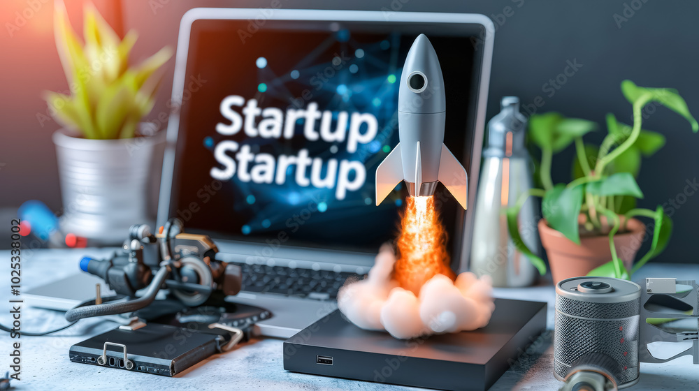 Poster laptop is on a table with a rocket on the screen. the rocket is flying through a cloud of smoke and 