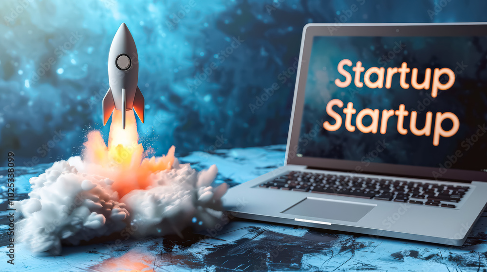Poster laptop is on a table with a rocket on the screen. the rocket is flying through a cloud of smoke and 