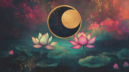 retro vintage illustration of lotus flowers and water lily pads in pond with moon, symbolizes zen and yin and yang
