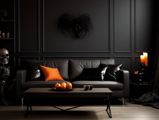 Scandinavian scandi modern minimalist cozy living room interior with fall decor. Neutral walls and couch with orange pillows