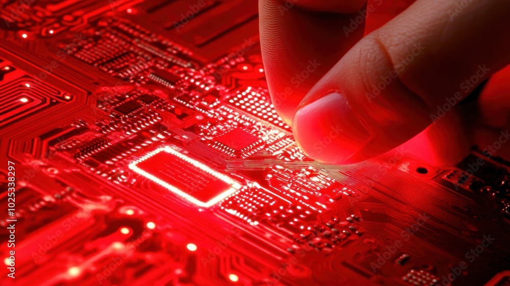 Poster fingertip interacting with red illuminated circuit board