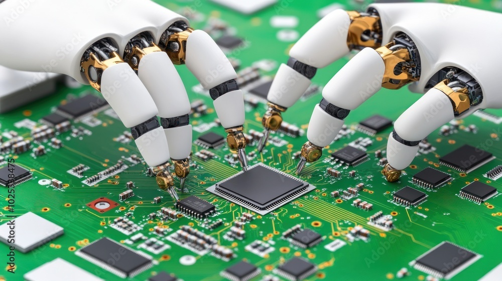 Poster robotic arms working on a circuit board