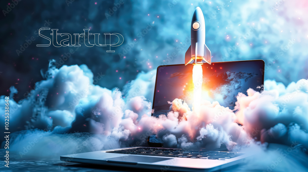 Poster laptop with a rocket on it and the word startup written below it. concept of innovation and progress