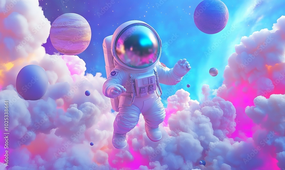Poster playful astronaut character exploring a colorful, whimsical space environment with planets and cloud