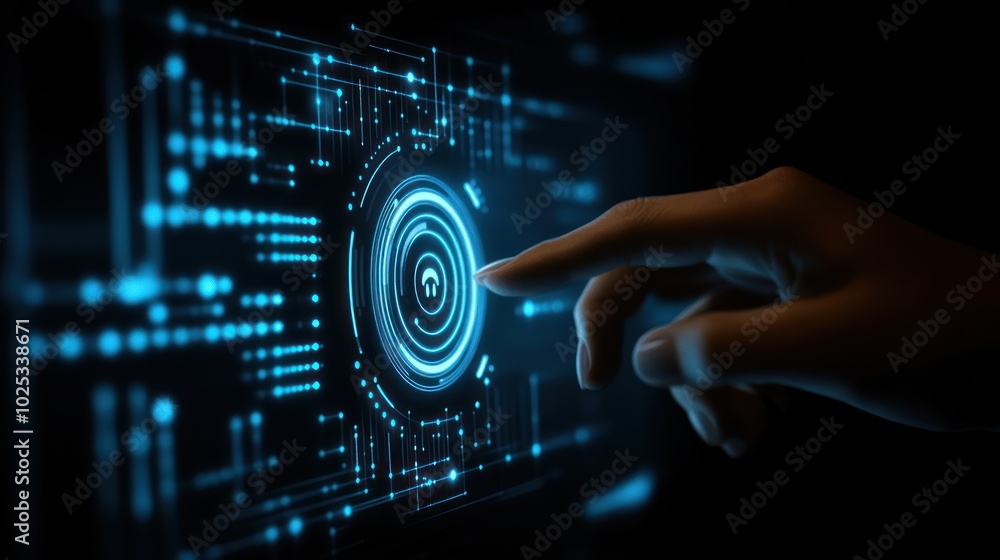 Poster Hand Interacting with a Digital Interface Featuring a Blue Circle and Lines