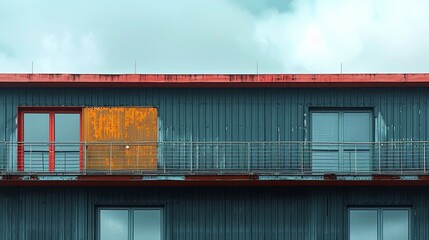 Modern Industrial Building Facade, Featuring Contrasting Doors and Windows, Set Against a Cloudy Sky