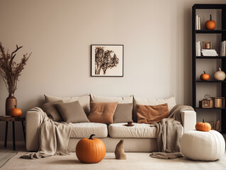 Scandinavian scandi modern minimalist cozy living room interior with fall decor. Neutral walls and couch with orange pillows