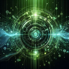 Obraz premium Vivid green digital interface with glowing lines and dots forming a circular pattern. Generative AI