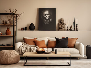 Scandinavian scandi modern minimalist cozy living room interior with fall decor. Neutral walls and couch with orange pillows