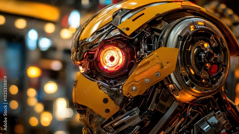 Poster close-up of a yellow and silver robot with a red eye