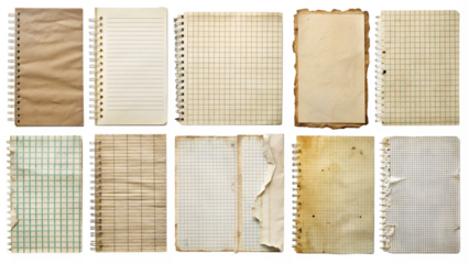 Set of Torn Notebook Pages with Grid and Lined Patterns - Spiral Bound Paper Sheets Collection