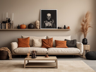 Scandinavian scandi modern minimalist cozy living room interior with fall decor. Neutral walls and couch with orange pillows