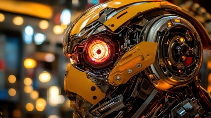 Fototapeta premium Close-up of a Yellow and Silver Robot with a Red Eye