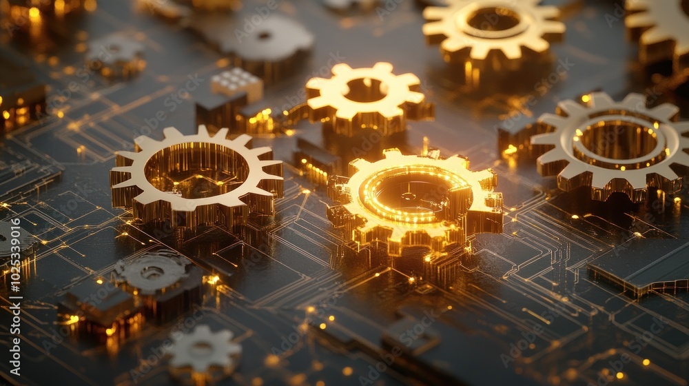 Poster golden cogs interlocking on a circuit board