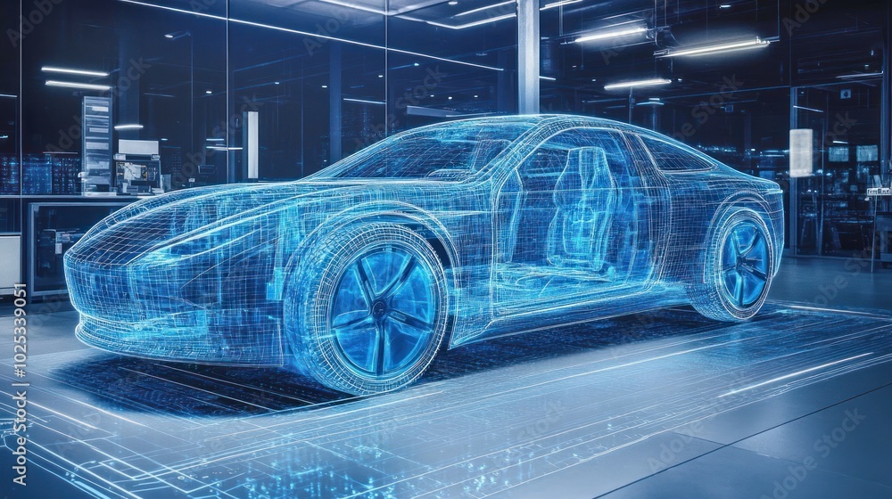 Aufkleber wireframe digital car model in blue illuminated room