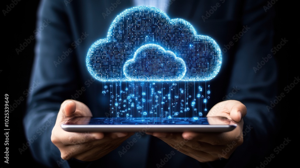 Poster Person Holding a Tablet with a Digital Cloud Symbol and Data Flowing Downward