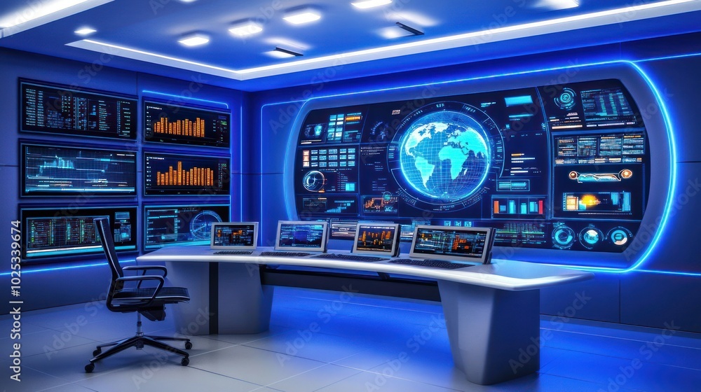 Aufkleber futuristic control room with monitors and a global view