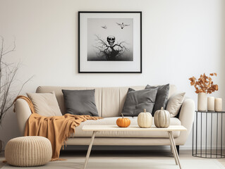 Scandinavian scandi modern minimalist cozy living room interior with fall decor. Neutral walls and couch with orange pillows