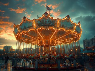Illuminated Carousel at Sunset: A Night of Whimsy and Fun