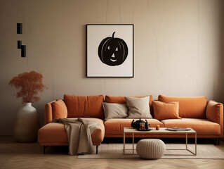 Scandinavian scandi modern minimalist cozy living room interior with fall and halloween decor. neutral couch with orange pillows. Pumpkin decor