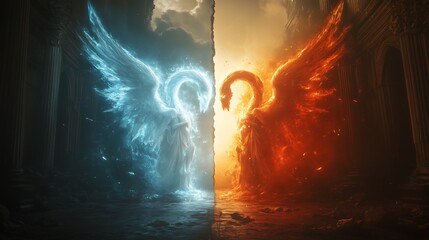 Celestial Warrior vs. Dark Overlord Showdown. Generative AI