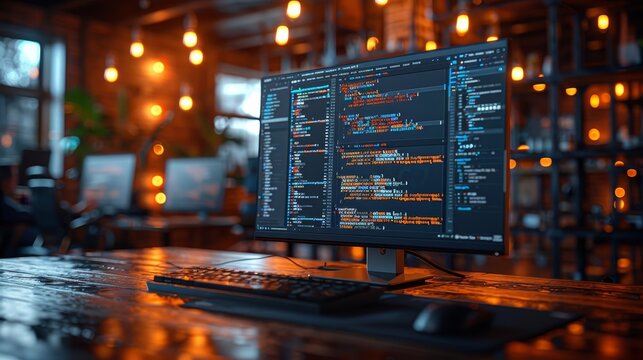 Software Development Code On Computer Monitor In Stylish Workspace With Warm Lighting
