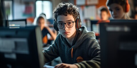 Fototapeta premium A focused young boy wearing headphones and glasses sits at a computer. He is engaged in learning. The environment is vibrant and educational, highlighting modern technology. AI.