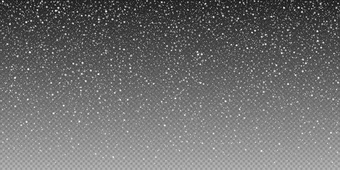 Frosty snowflakes falling on transparent background. Fine winter snowfall, delicate snow flakes creating a calm festive atmosphere. Perfect for Christmas or winter scenes designs, holiday cards.