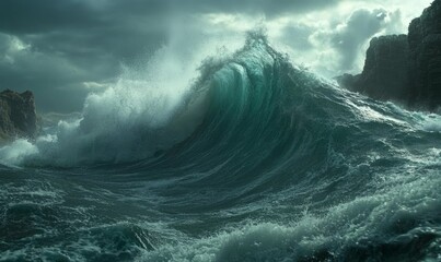 Fototapeta premium A huge raging wave in the ocean tsunami, hurricane.