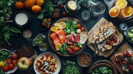 A variety of nutritious foods are spread out on a flat, dark-textured table.
