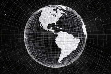 Naklejka premium A wireframe globe in black and white isolated on a dark background with a grid pattern showing the Americas 