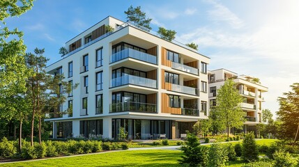 Fototapeta premium Contemporary apartment building in a green space. apartment building with flat buildings on the outside. elegant residential complex. Condo architecture, a portion of city real estate. 