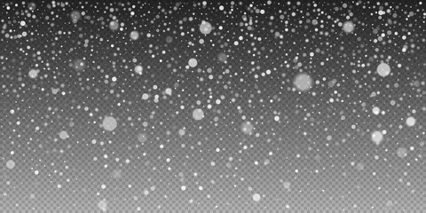 Vector winter flurry with snowflakes swirling. Delicate snow crystals forming a natural winter scene. Transparent snow overlay for Christmas cards, posters, decorations, and festive and banners.