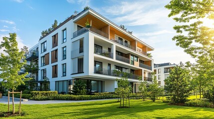Contemporary apartment building in a green space. apartment building with flat buildings on the outside. elegant residential complex. Condo architecture, a portion of city real estate. 