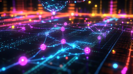 Obraz premium Futuristic digital network with colorful glowing nodes and connections, illustrating concepts of technology, data flow, and connectivity.