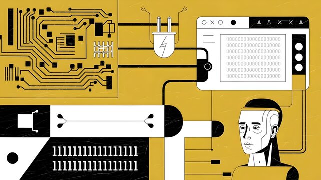 Minimalistic modern technology illustration with circuit board and robot on yellow background