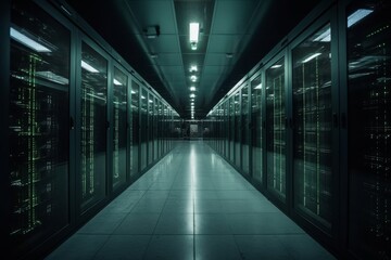 A corridor in a bustling data center featuring rows of servers and glowing LED lights