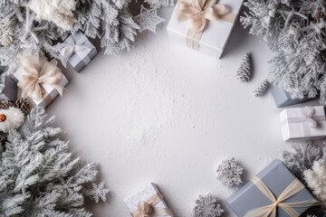 Top view of wrapped Christmas gift boxes on snow. Festive background with copy space