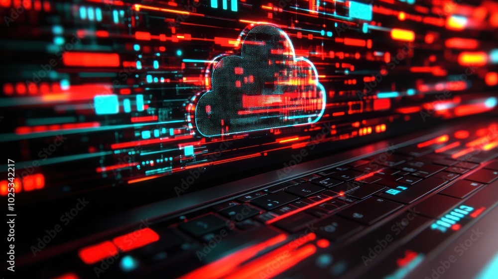 Poster cloud computing icon on laptop with red and blue lines
