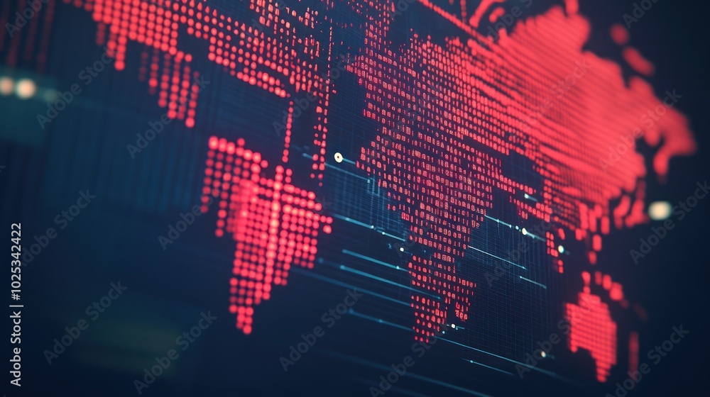 Poster World Map Displayed with Red Illuminated Dots on a Dark Screen