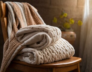 cozy blanket folded on a chair; concept of comfort, warmth